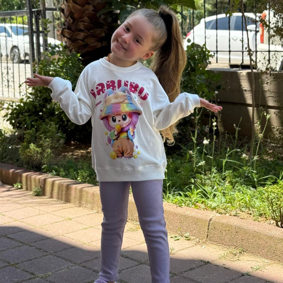 White girls sweatshirt with colorful La-Bu-Bu character print and fitted lilac cotton leggings. — view 4