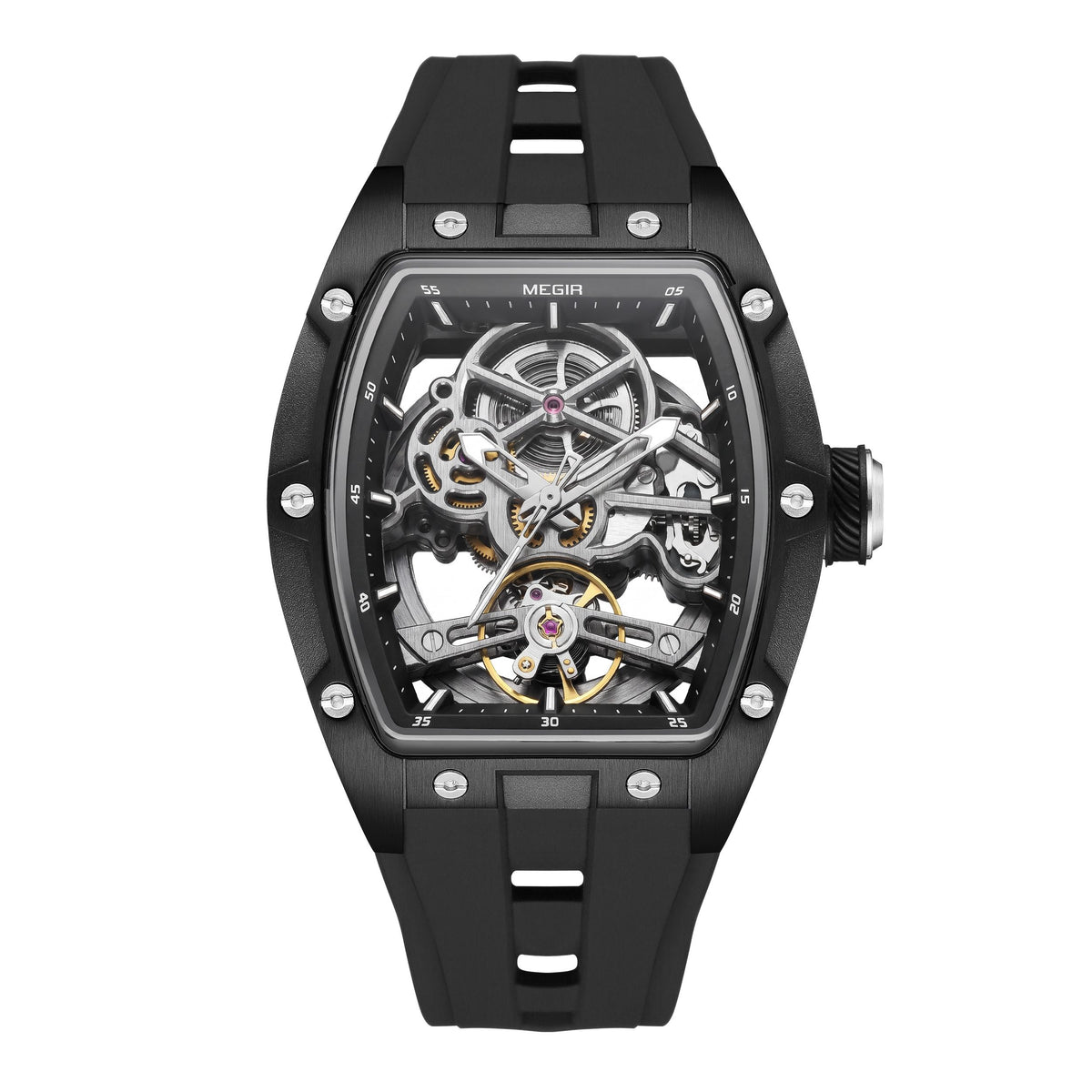 MEGIR Original Fashion Men Watches Automatic Mechanical Watch Steel Case Sport Skeleton Dial Wristwatch Waterproof Clock Reloj Hombre 2242-17