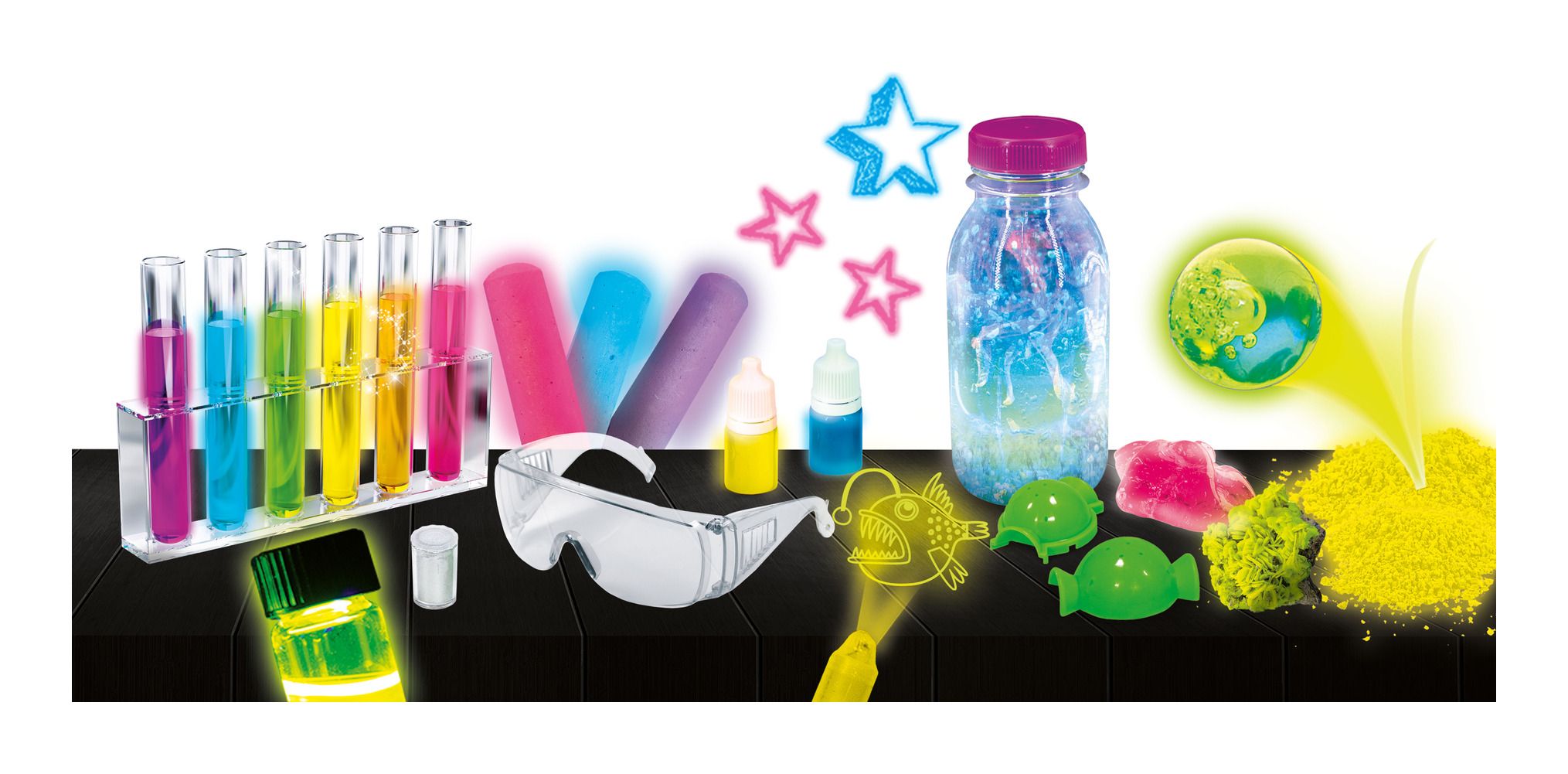 Glow in the dark kids science kit with slime powder, protective gloves, and luminescent pen — view 2