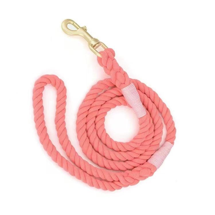 Watermelon red cotton dog rope leash featuring heavy-duty solid brass trigger snap and accessory ring
