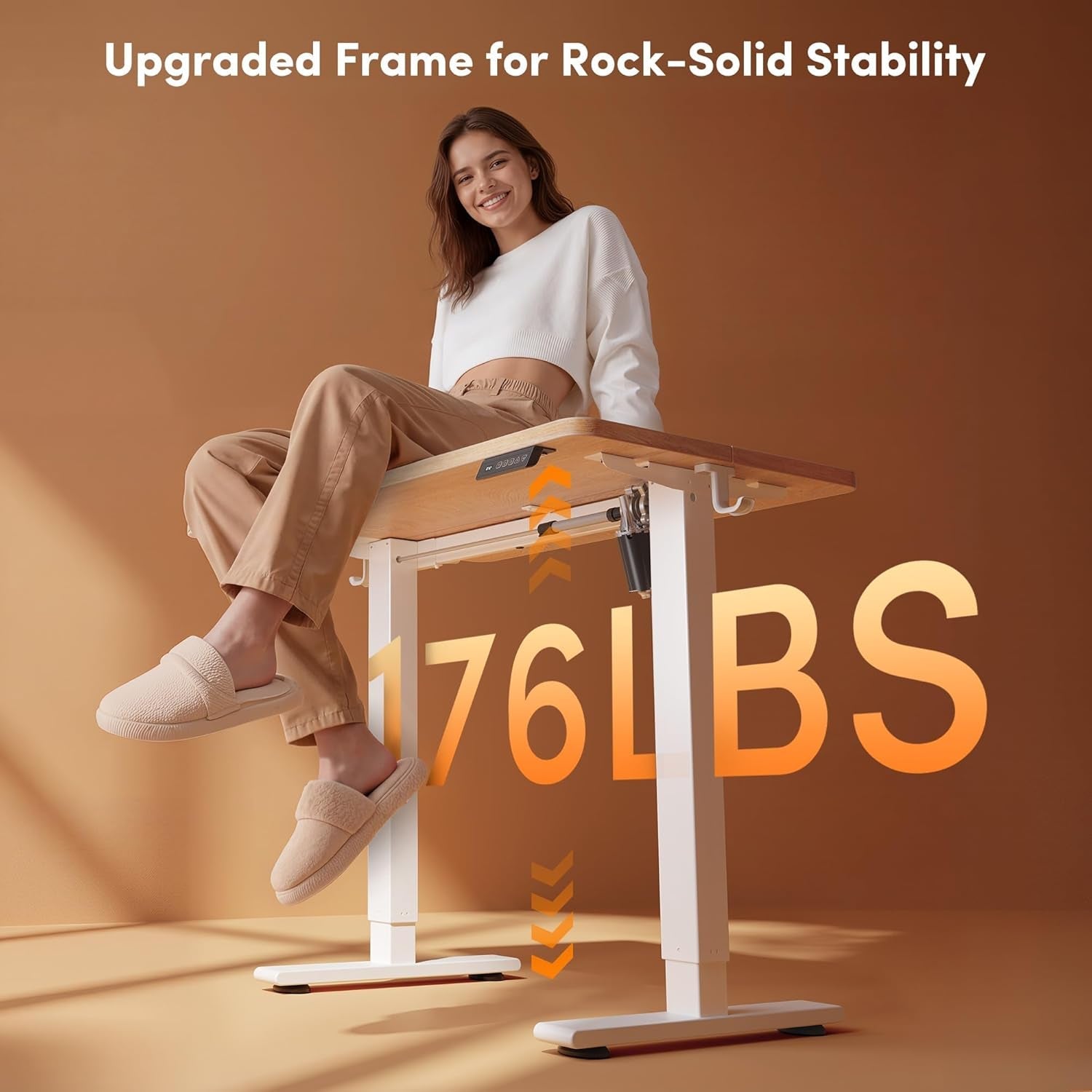 32-inch electric adjustable standing desk with a maple wood top and sturdy black steel frame — view 4