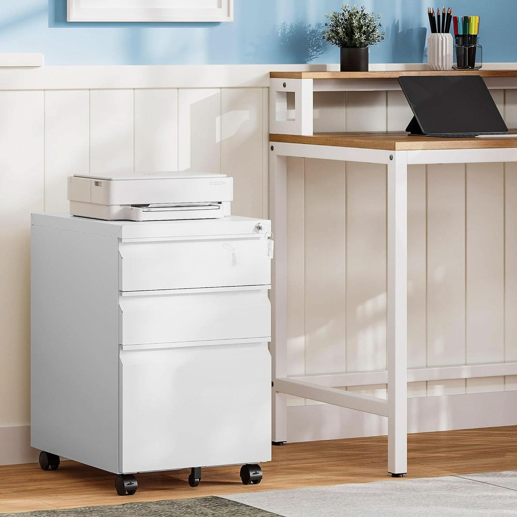 White 3-drawer mobile filing cabinet in solid steel with caster wheels — view 2
