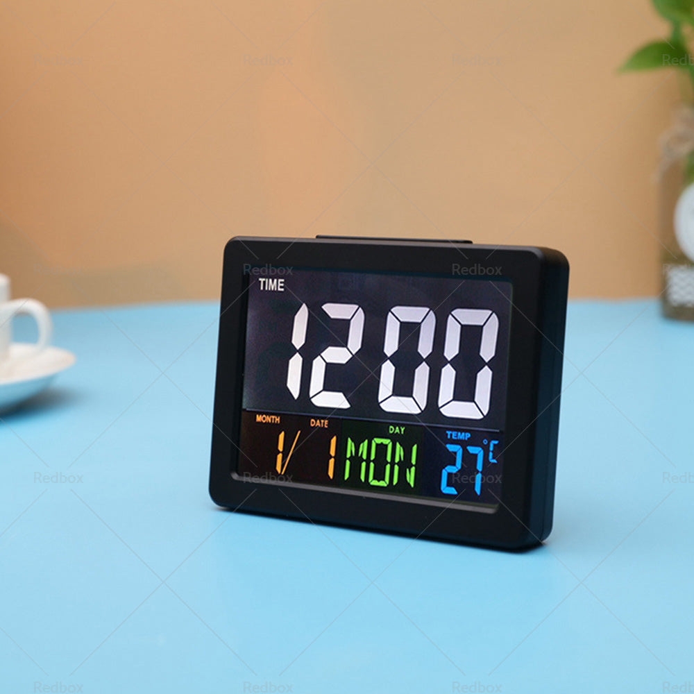 Large white digital LED wall and desk clock displaying time date and temperature — view 4