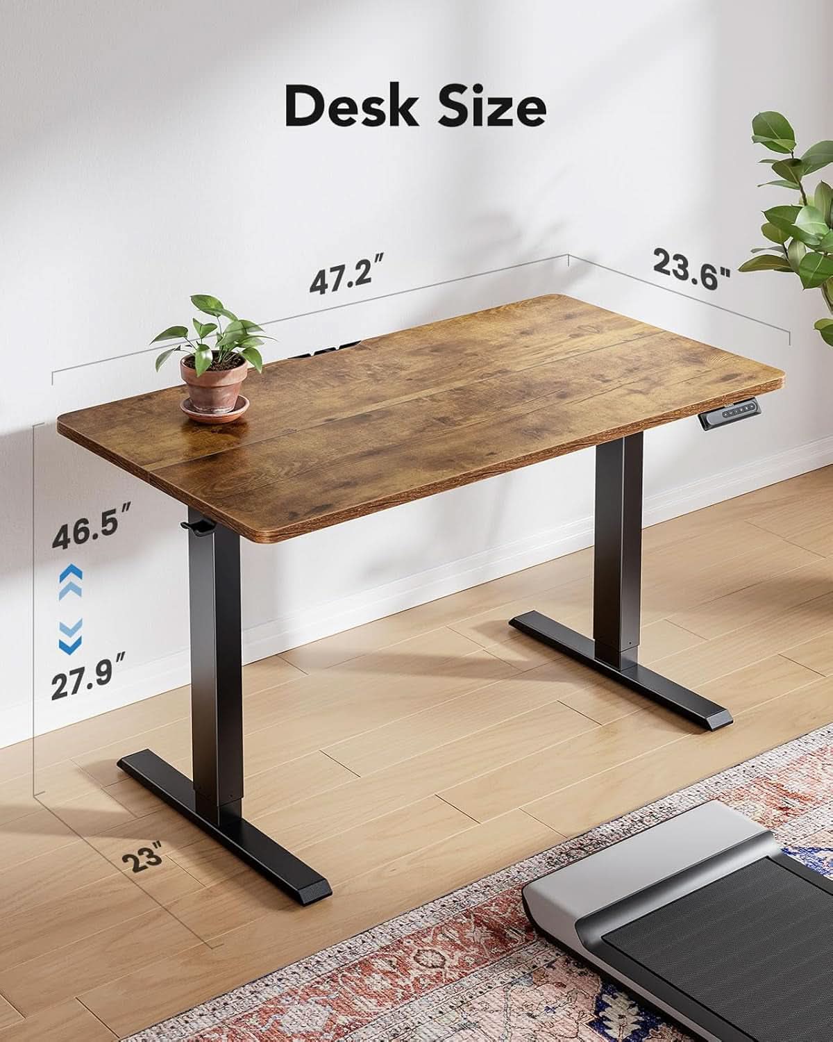 Vintage brown electric standing desk with adjustable steel frame for modern home office workstations. — view 3