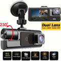Compact dual lens car dash cam in black for front road and interior vehicle recording
