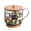 Coffee pod holder with wooden base and metal wire basket for kitchen countertop organization.