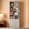Tall 70-inch industrial bookcase in beige maple with six shelves and farmhouse style lower cabinet doors