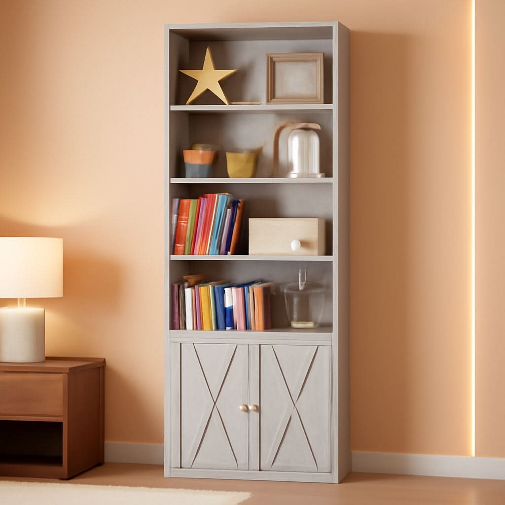 Tall 70-inch industrial bookcase in beige maple with six shelves and farmhouse style lower cabinet doors