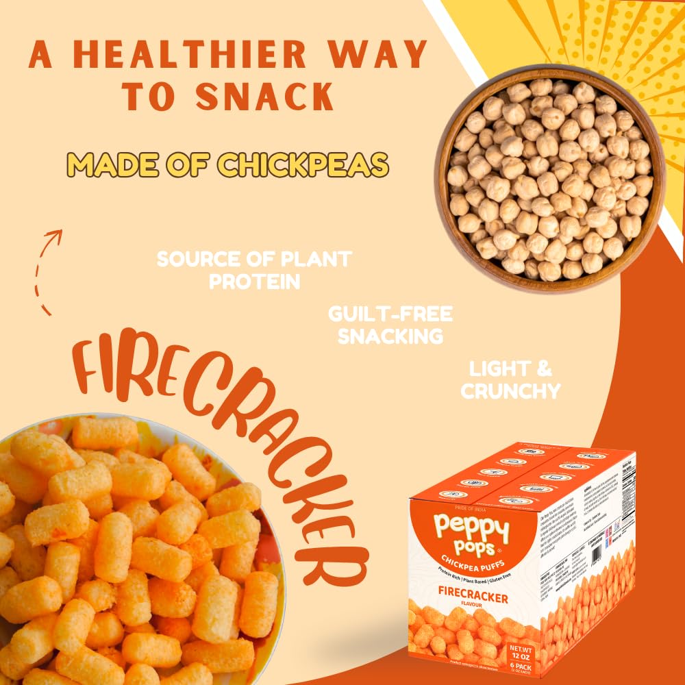 Peppy Pops chickpea puffs in firecracker flavor, six individual bags of spicy high protein savory snacks — view 3