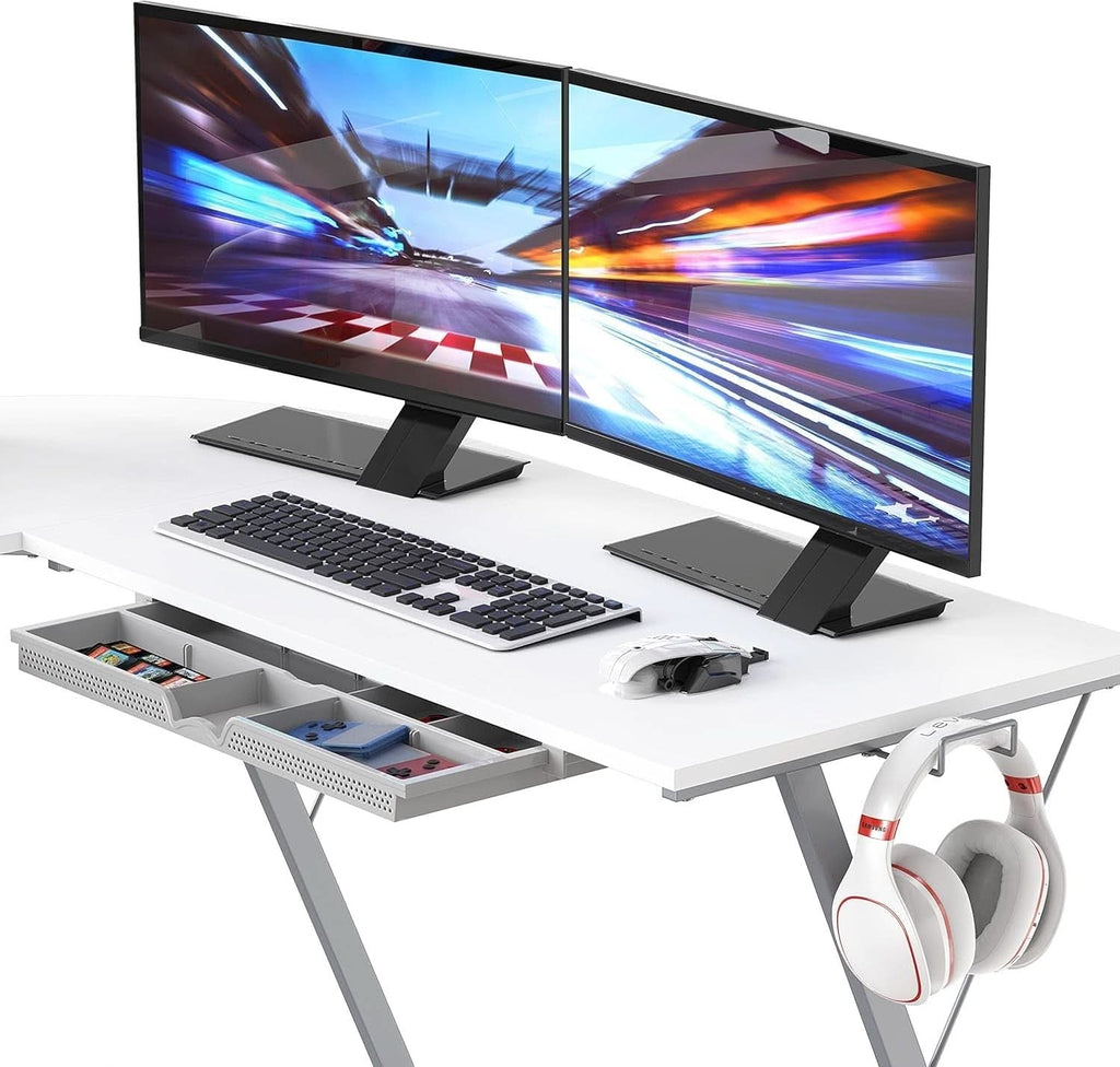 White Vista L-shape corner desk with monitor stand, sliding drawer, and Z-shaped steel frame — view 5
