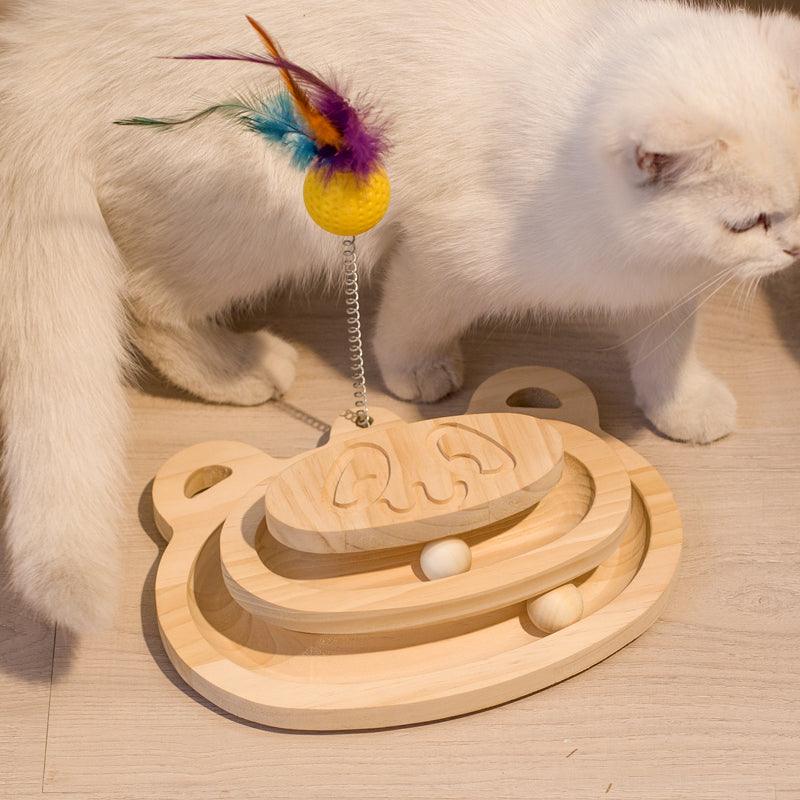 Interactive wooden cat scratcher maze toy with solid wood balls and turntable design — view 3