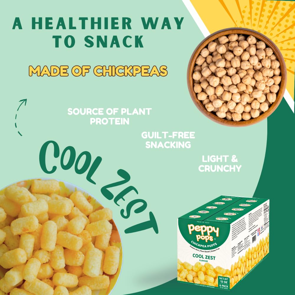 Six pack of Peppy Pops chickpea puffs in cool zest mint flavor snack bags — view 3