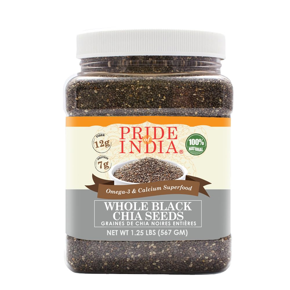 Jar of premium whole black chia seeds, a natural omega-3 and calcium superfood for healthy diets