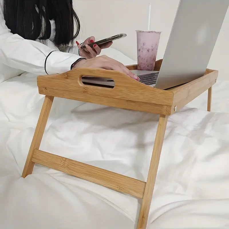 Natural bamboo laptop desk and foldable bed tray with adjustable legs and ergonomic handles — view 4