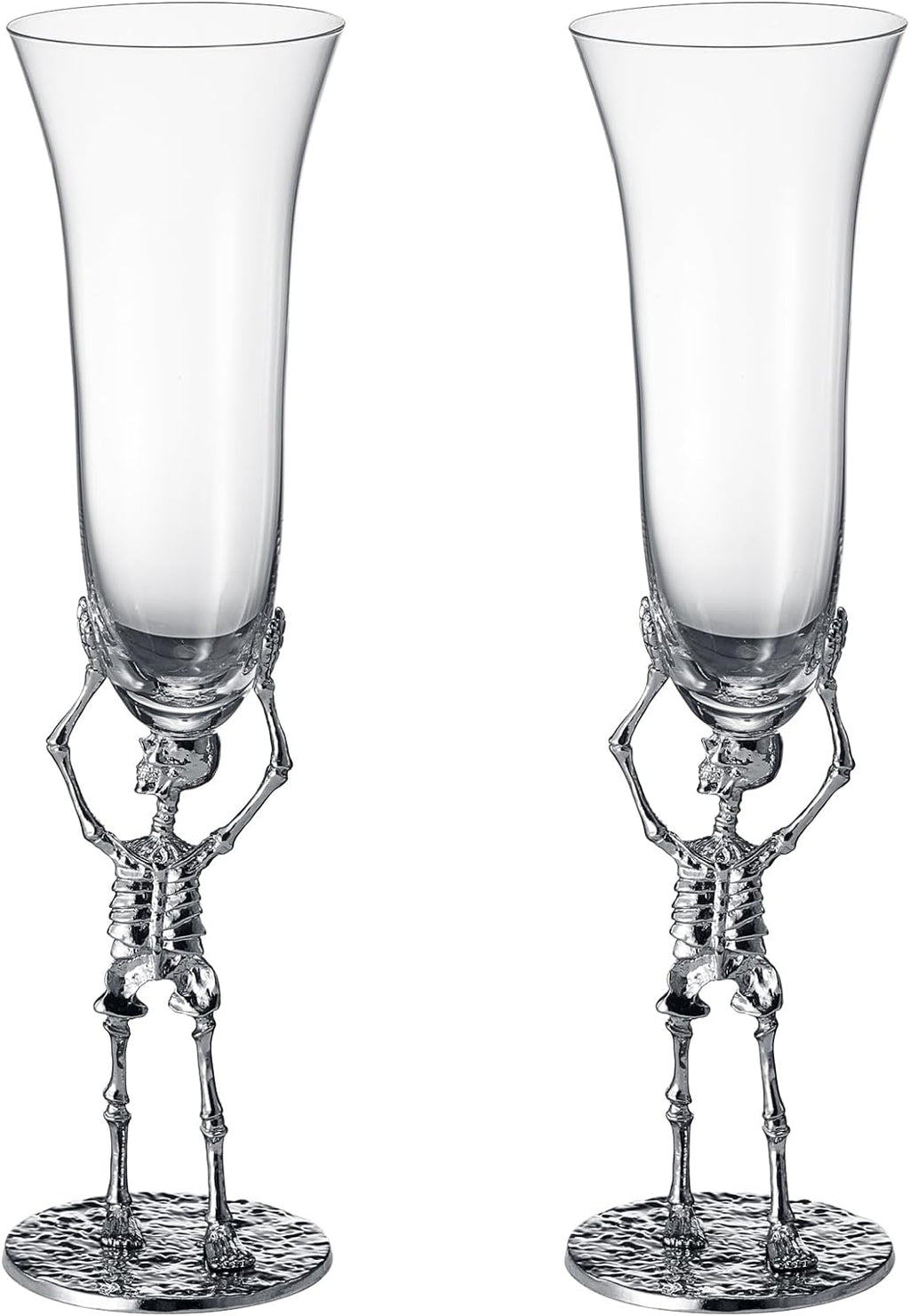 Stemmed skeleton champagne flute set of two in clear glass with intricate bone details — view 4
