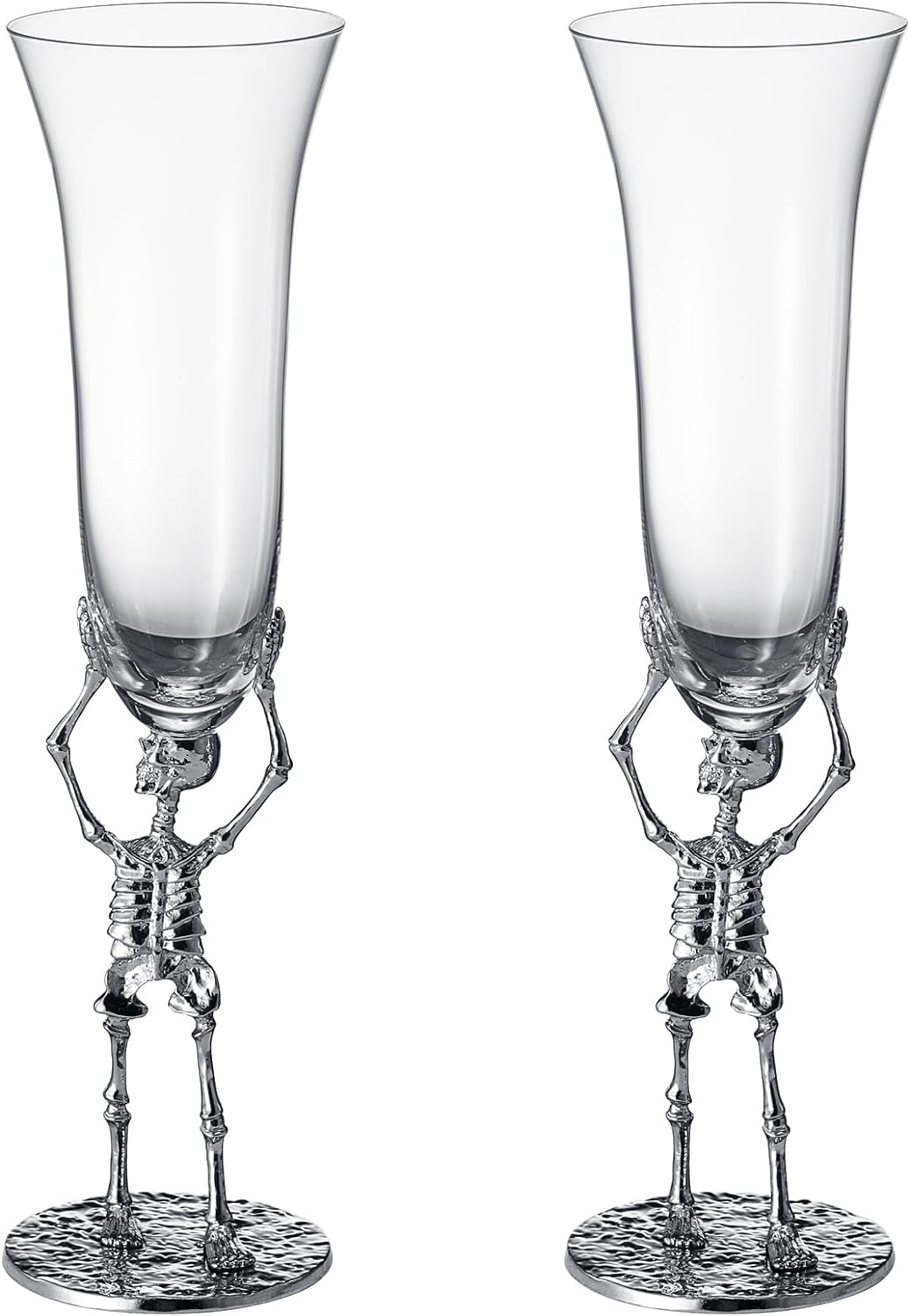 Stemmed skeleton champagne flute set of two in clear glass with intricate bone details — view 4