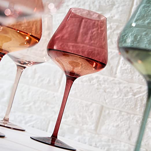 Six pastel colored crystal 20oz wine glasses featuring elegant stems in various muted tones — view 4