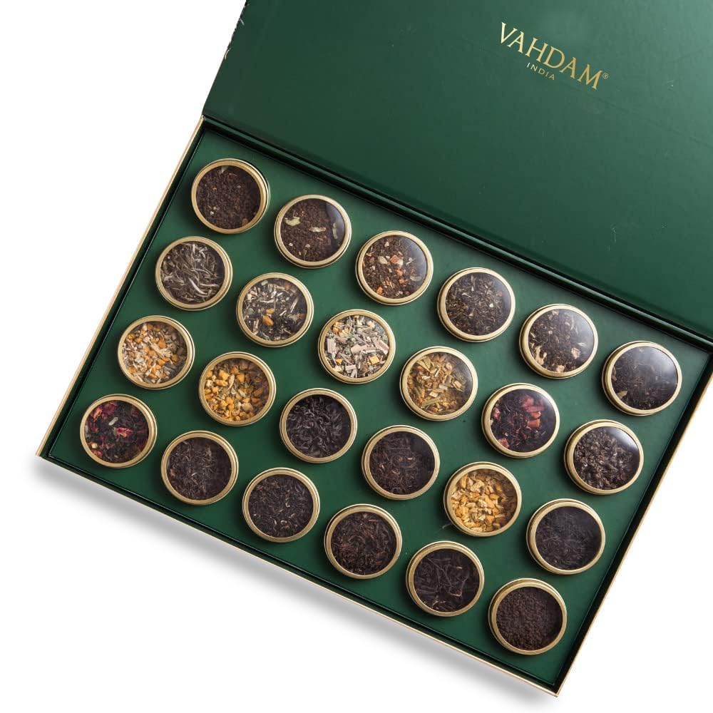 Loose leaf tea gift set with 24 premium assorted tin caddies in a beautiful presentation box
