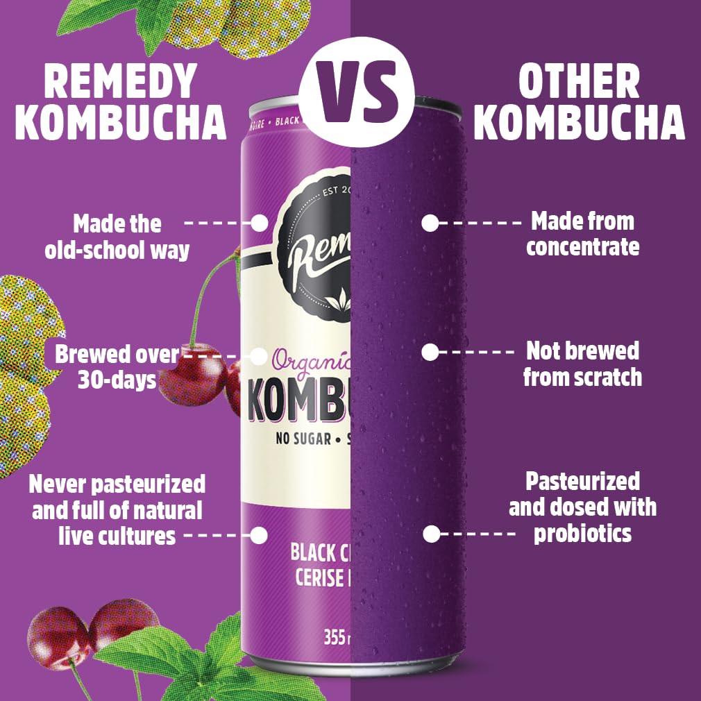 Remedy black cherry kombucha in 355ml cans featuring a crisp and sugar-free beverage profile — view 5