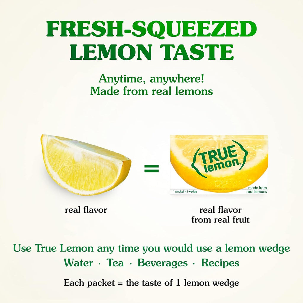 True Lemon water enhancer packets in dispenser boxes with fresh natural lemon wedges on display — view 5