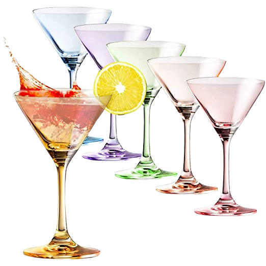 Multi-colored crystal martini glasses set of six with elegant gold rims for entertaining