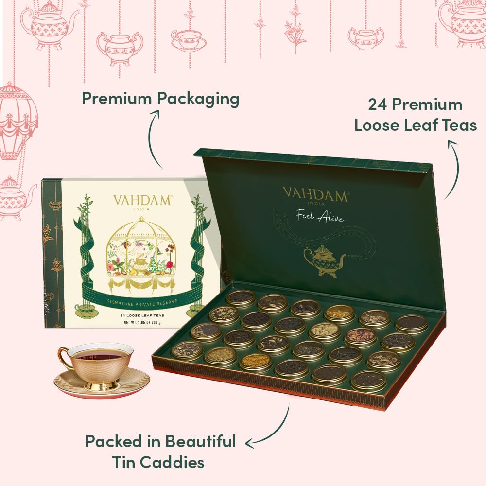 Loose leaf tea gift set with 24 premium assorted tin caddies in a beautiful presentation box — view 4