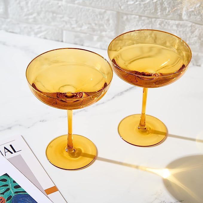 Sunset yellow coupe glasses with elegant gold rims and bubble texture for champagne and cocktails — view 4