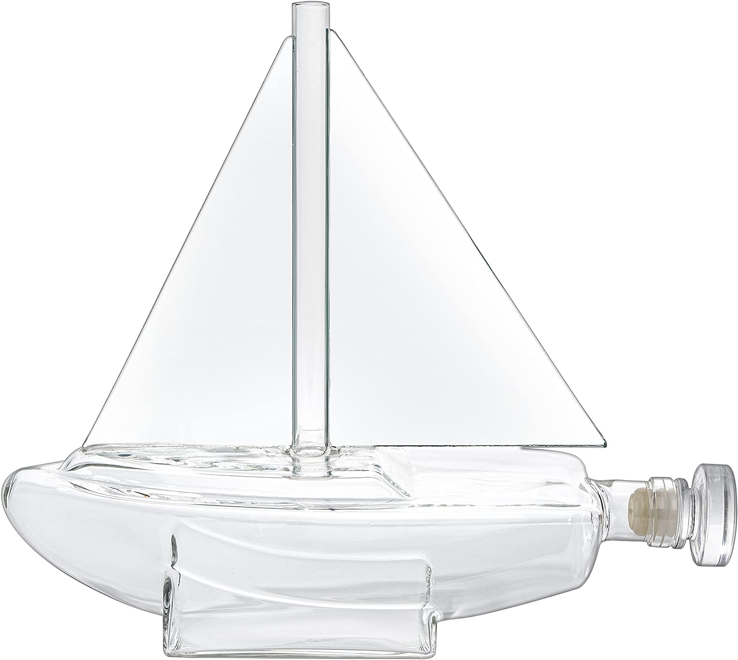Glass sailboat whiskey decanter with built-in spigot resting on a sturdy wooden display base — view 3