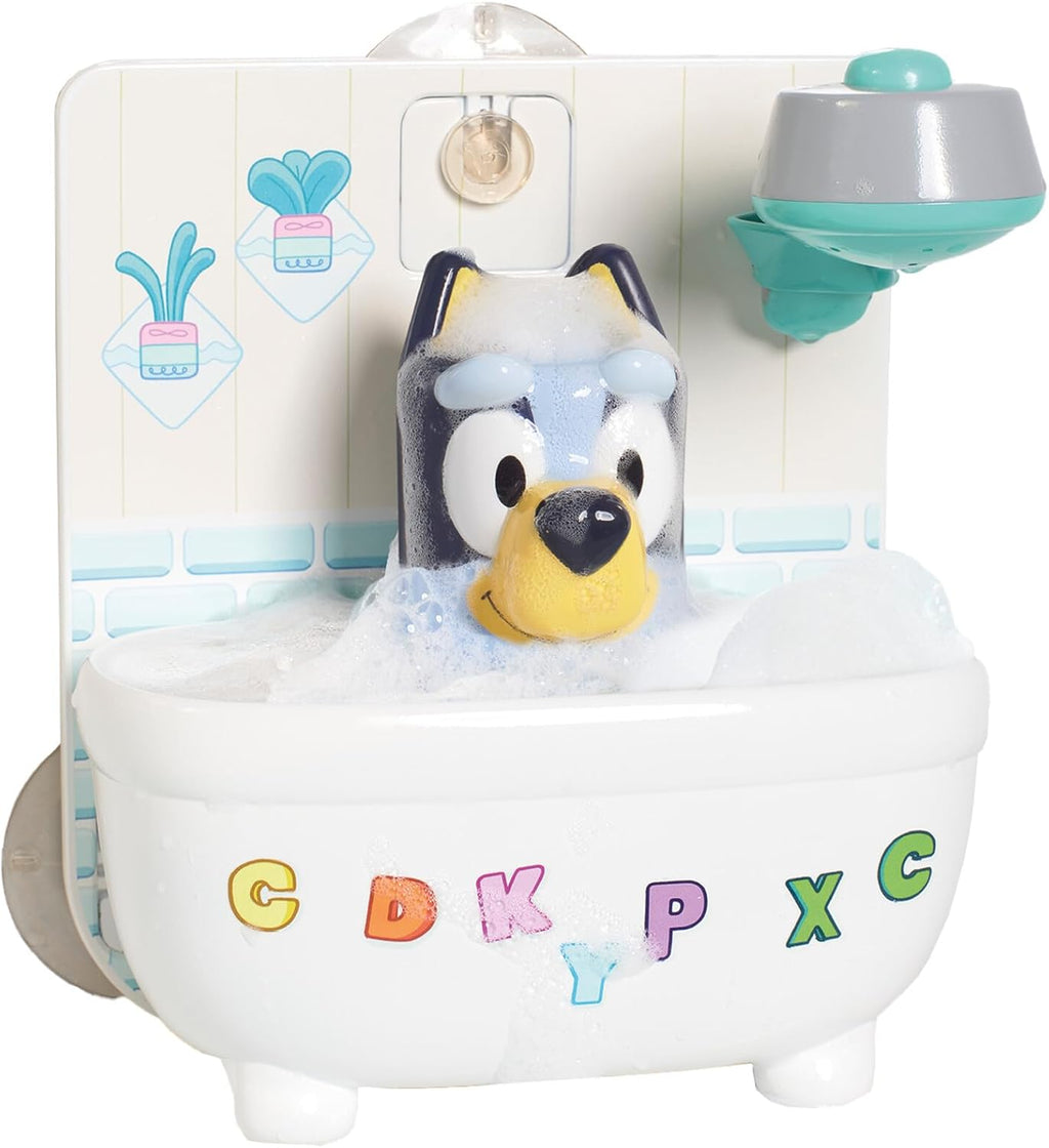 Shower and Scrub Bluey bath toy with miniature bathtub, working showerhead, and bubble feature