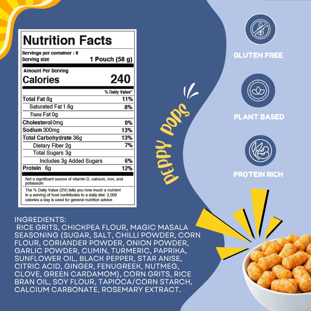Peppy Pops Masala Magic chickpea puffs in six bright orange 2oz snack bags — view 2