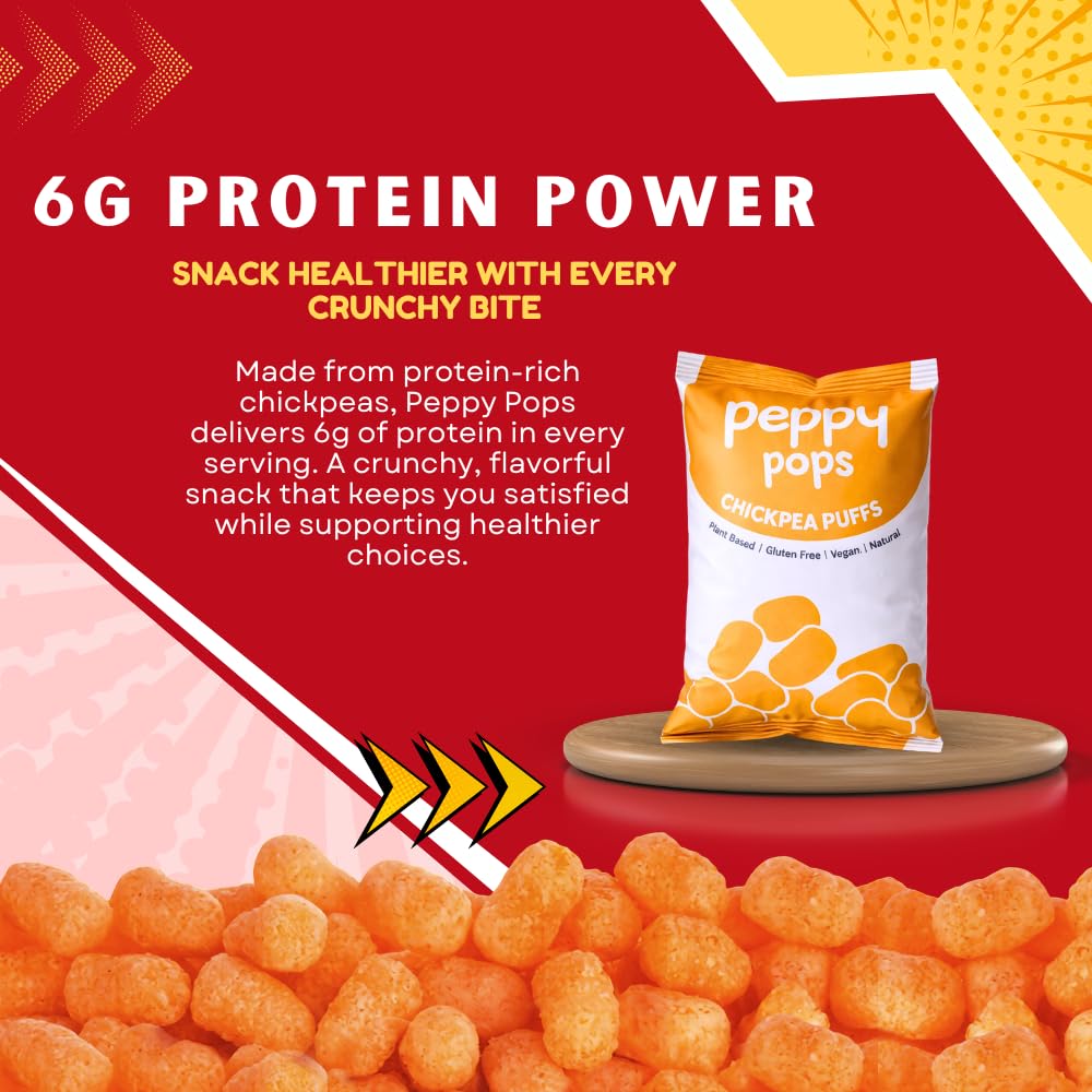 Six pack of Peppy Pops pizza flavor high protein chickpea puffs in 2 oz bags — view 5