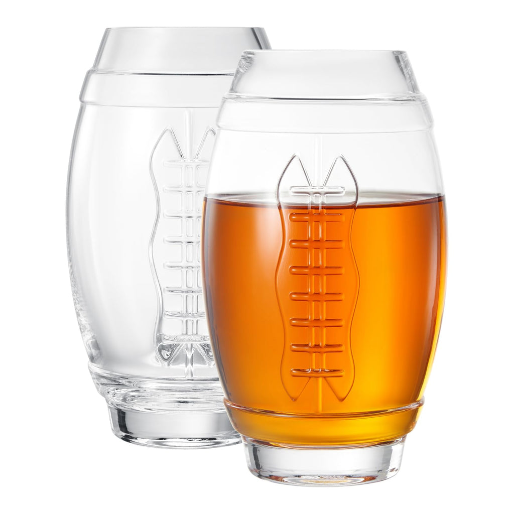 Two clear 20-ounce football shaped beer glasses for game day and home bars