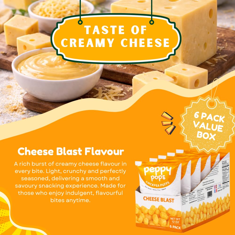 Peppy Pops Cheese Blast chickpea puffs six pack of two ounce bags in vibrant packaging — view 4
