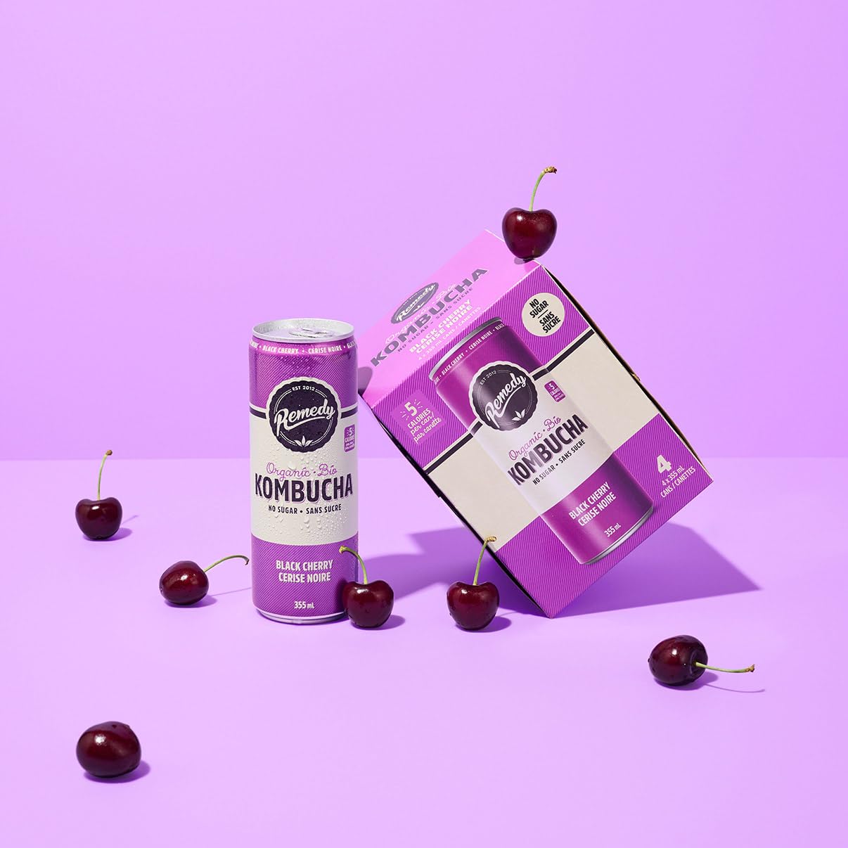 Remedy black cherry kombucha in 355ml cans featuring a crisp and sugar-free beverage profile — view 4