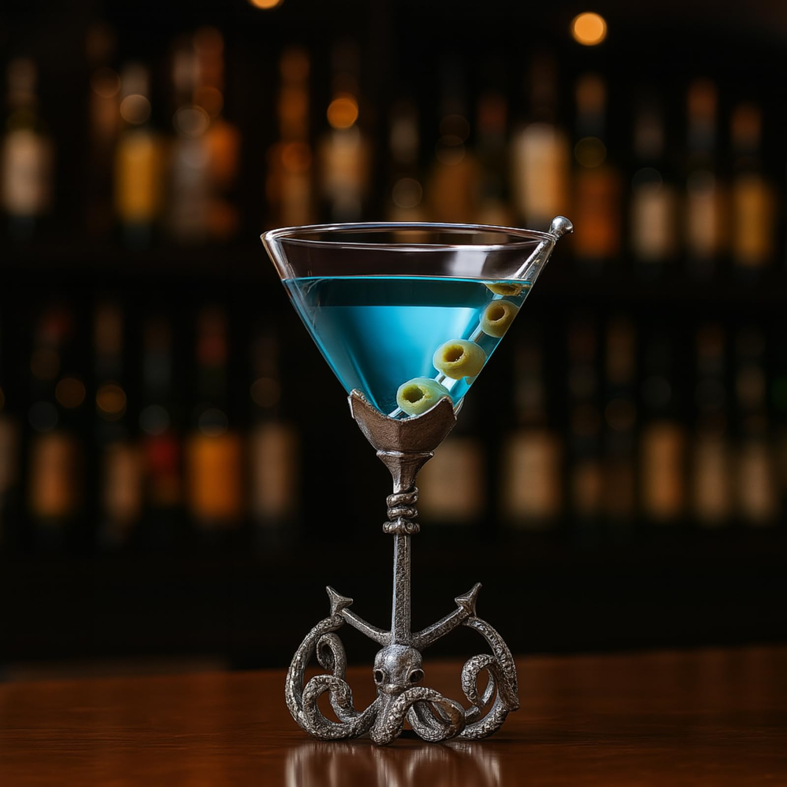 Kraken octopus martini glass with sculpted pewter anchor base and clear glass cocktail bowl. — view 5