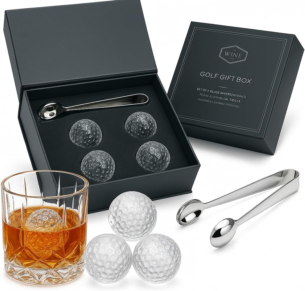 Four glass golf ball whiskey chillers with stainless steel tongs inside a premium cotton lined box