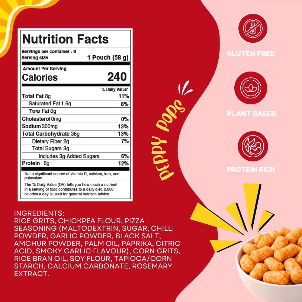 Six pack of Peppy Pops pizza flavor high protein chickpea puffs in 2 oz bags — view 2