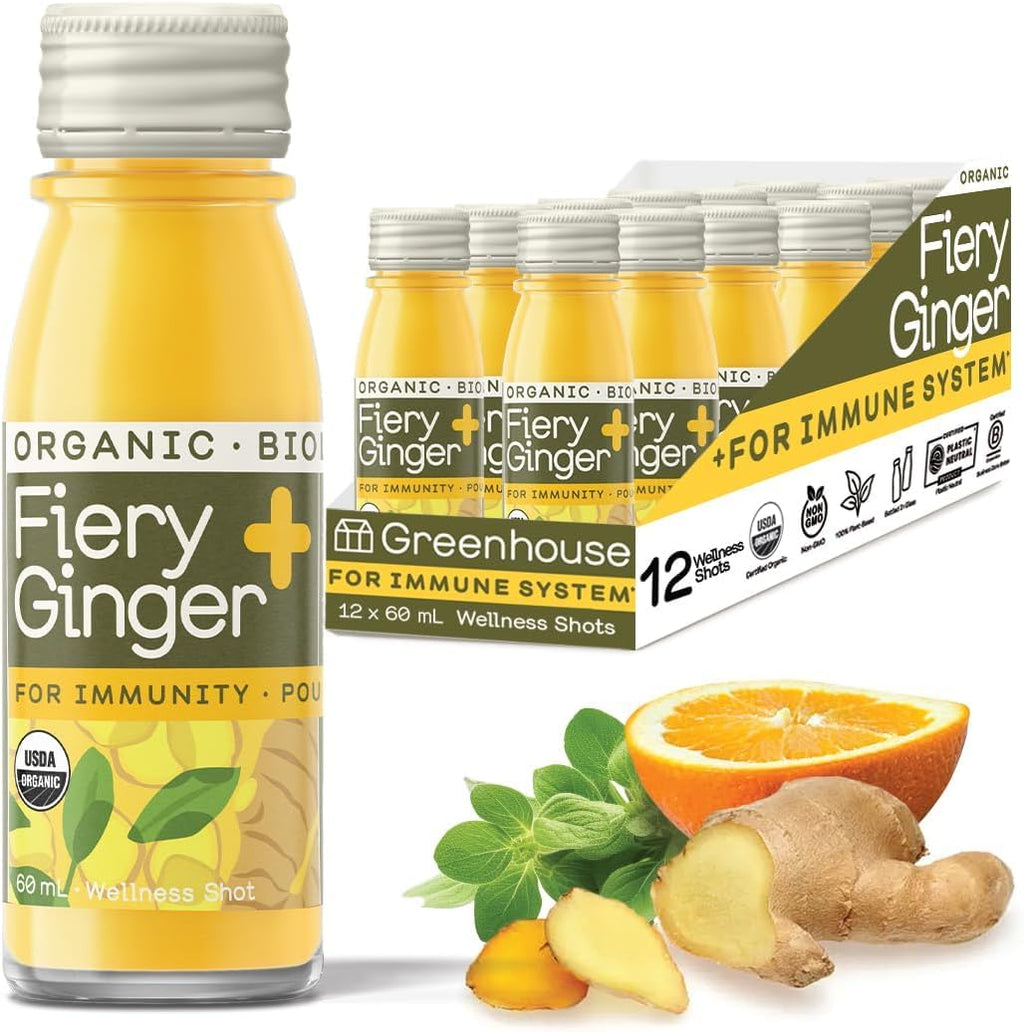 12-pack of organic fiery ginger and turmeric wellness shots in portable pocket-sized glass bottles