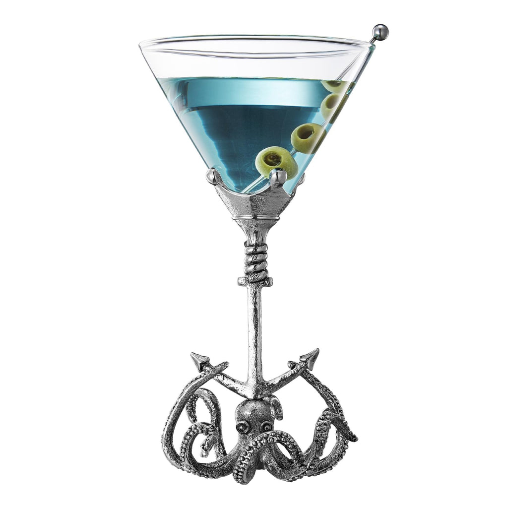 Kraken octopus martini glass with sculpted pewter anchor base and clear glass cocktail bowl.