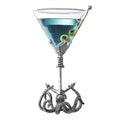 Kraken octopus martini glass with sculpted pewter anchor base and clear glass cocktail bowl.