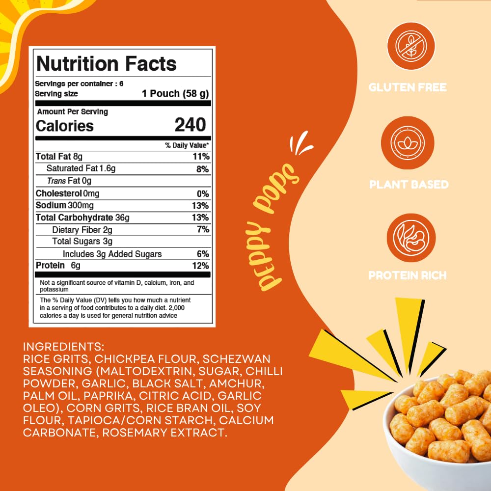 Peppy Pops chickpea puffs in firecracker flavor, six individual bags of spicy high protein savory snacks — view 2