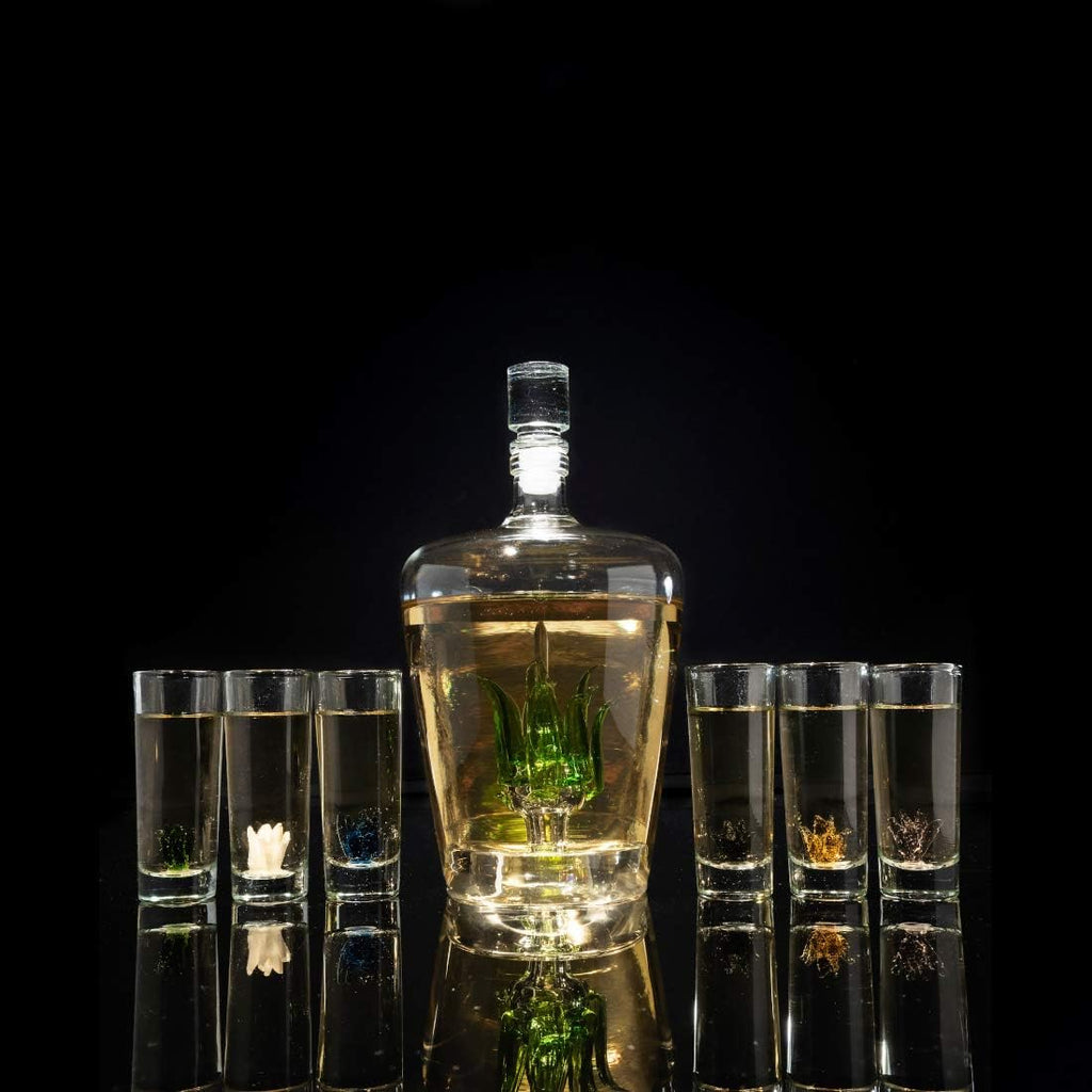 Artisan crafted glass tequila decanter with agave plant inside and six matching sipping shot glasses — view 3