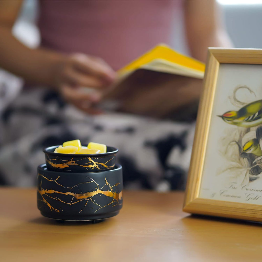 Black and gold ceramic 3-in-1 electric wax warmer and oil burner with removable melting dish — view 3