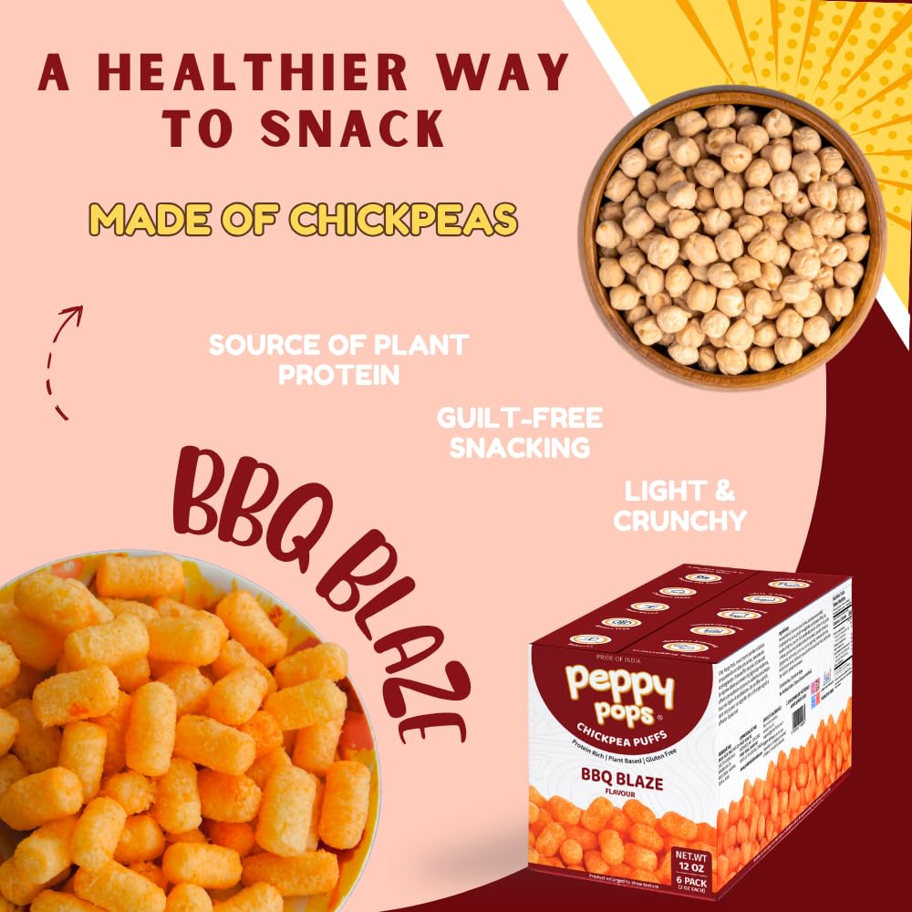 Six bags of BBQ Blaze flavored high protein chickpea puffs snack packs — view 3