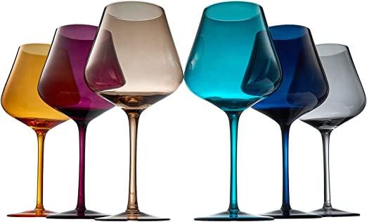 Six jewel colored 20oz stemmed wine glasses in butterscotch teal amethyst amber rose and blue — view 4