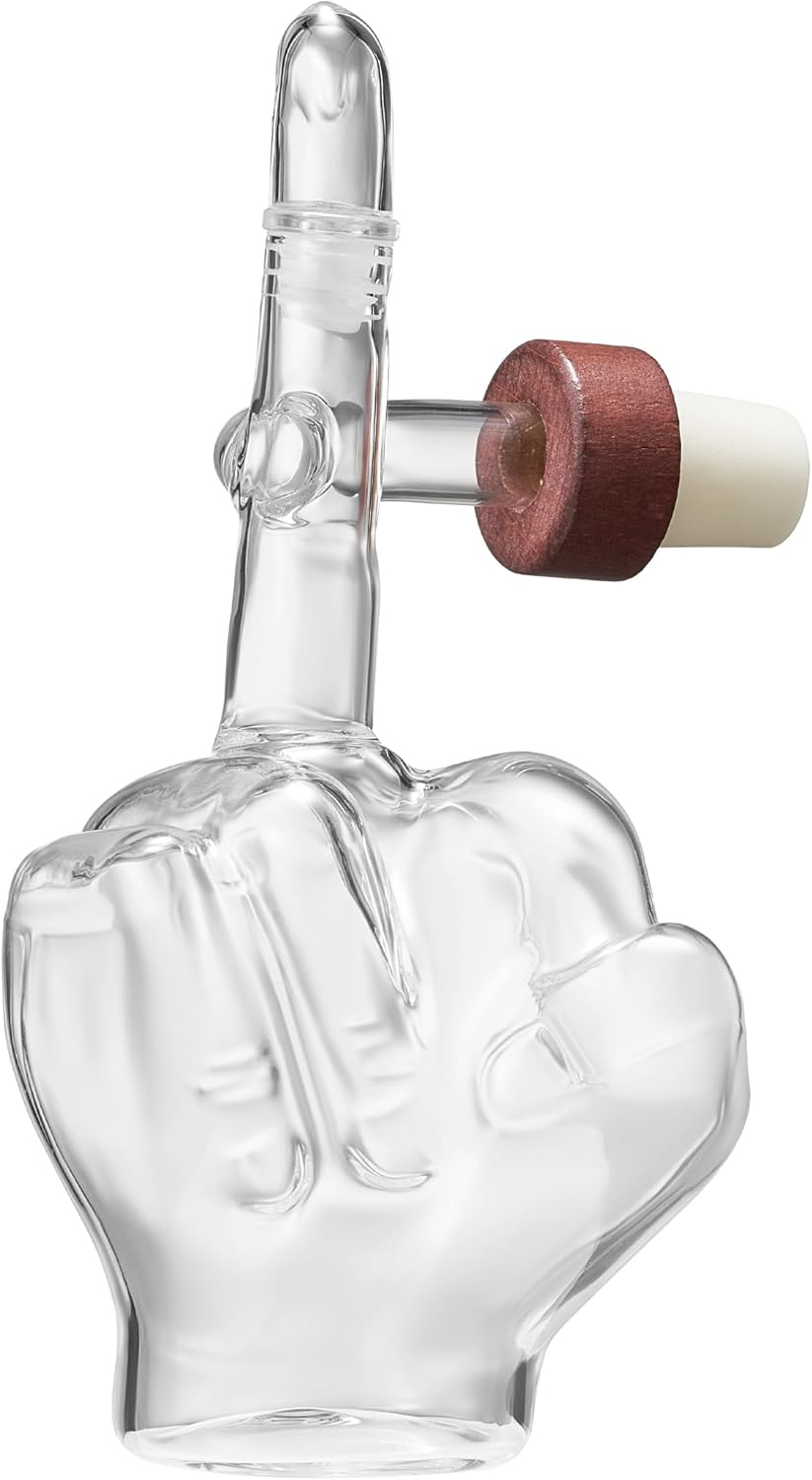 Clear Italian wine aerator decanter pouring red wine directly from the bottle to a glass — view 3