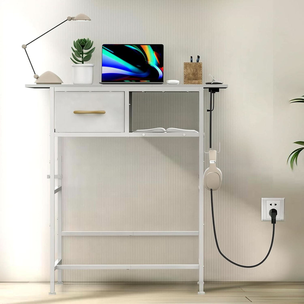 Compact white cosmetic vanity desk with integrated charging station, fabric drawer, and solid wood top. — view 5