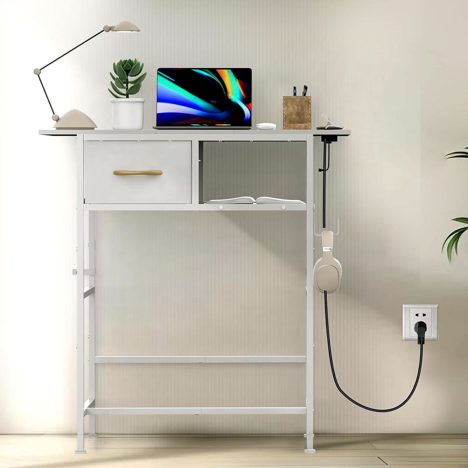 Compact white cosmetic vanity desk with integrated charging station, fabric drawer, and solid wood top. — view 5