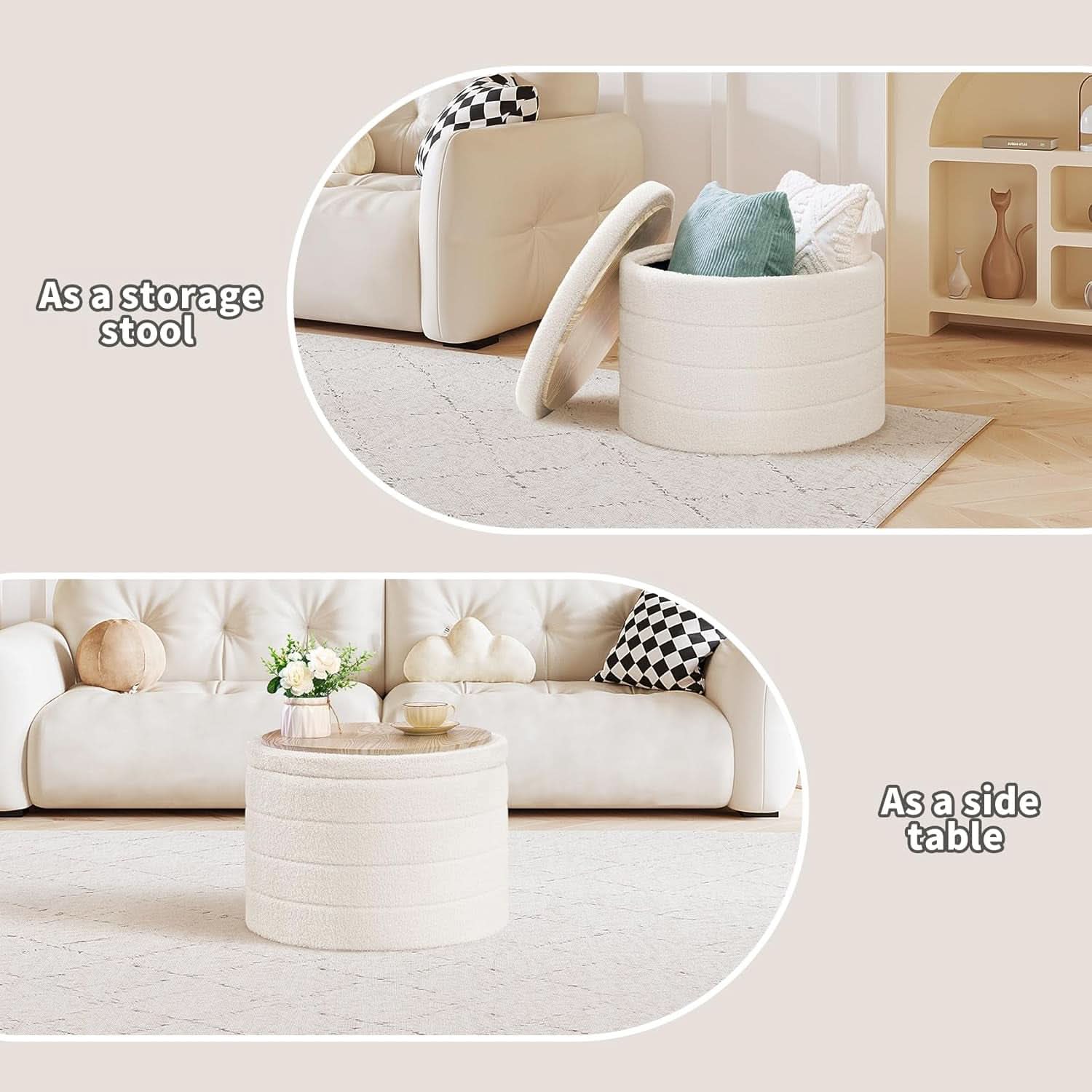 White round storage ottoman in soft teddy fabric with reversible wooden tray table top — view 5