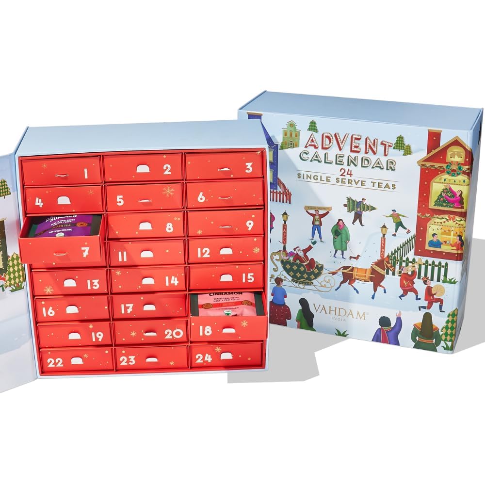 Vahdam Christmas tea gift set featuring 24 festive flavors and 120 premium pyramid tea bags